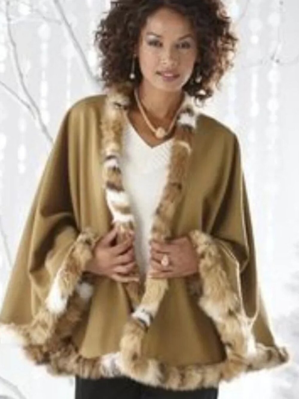 Midnight Velvet Wool Blend Faux Fur Trim Cape One Size